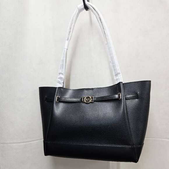 NWT Authentic Michael Kors Reed Large Pebbled Black Leather Belted Tote Bag $558 - Picture 4 of 13